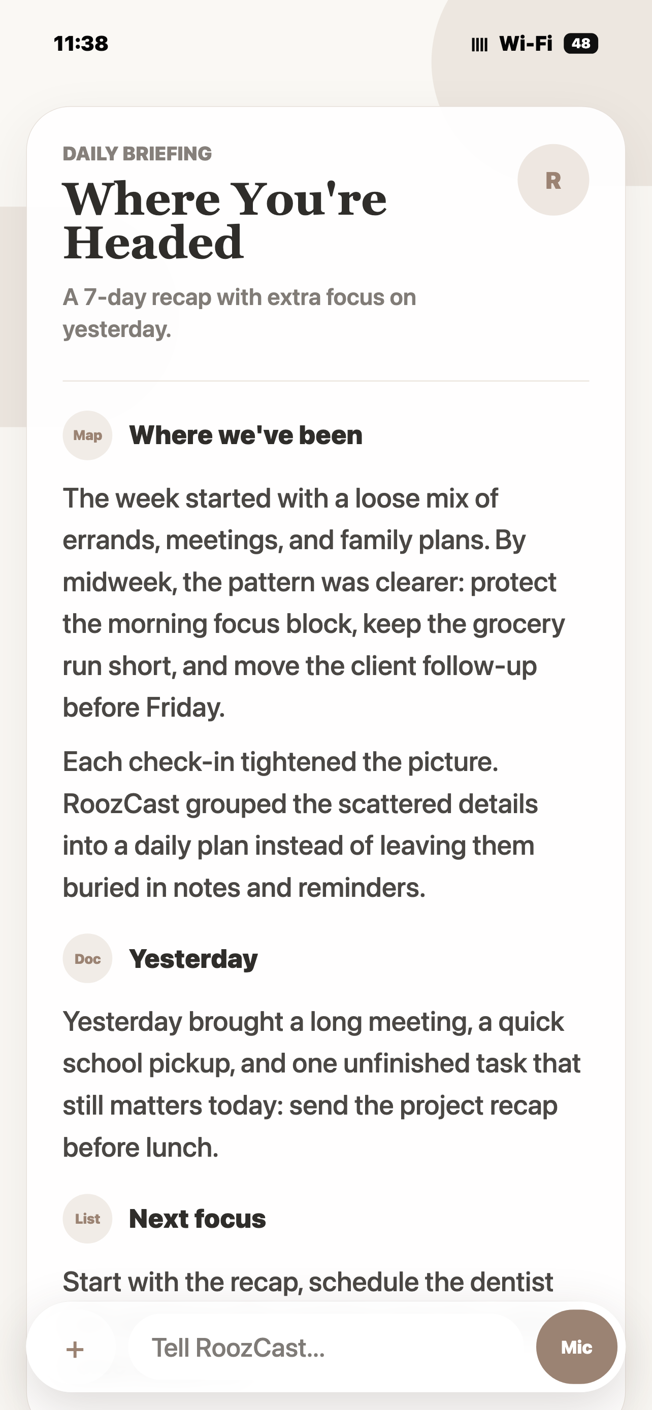 Daily Briefing screen with prior activity, yesterday, and next focus sections.
