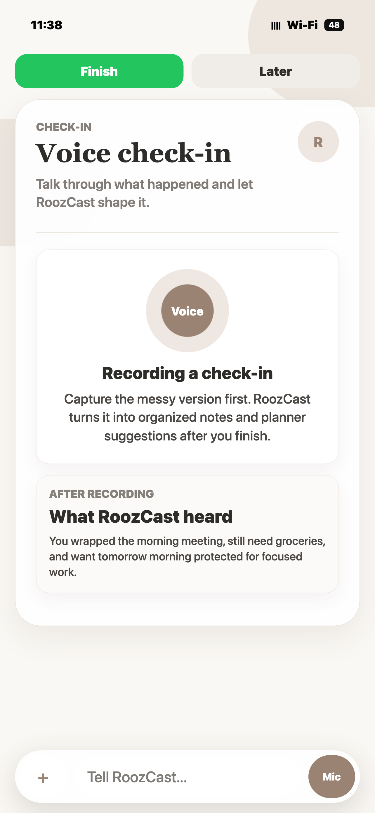 Voice check-in screen recording an update before organizing what RoozCast heard.