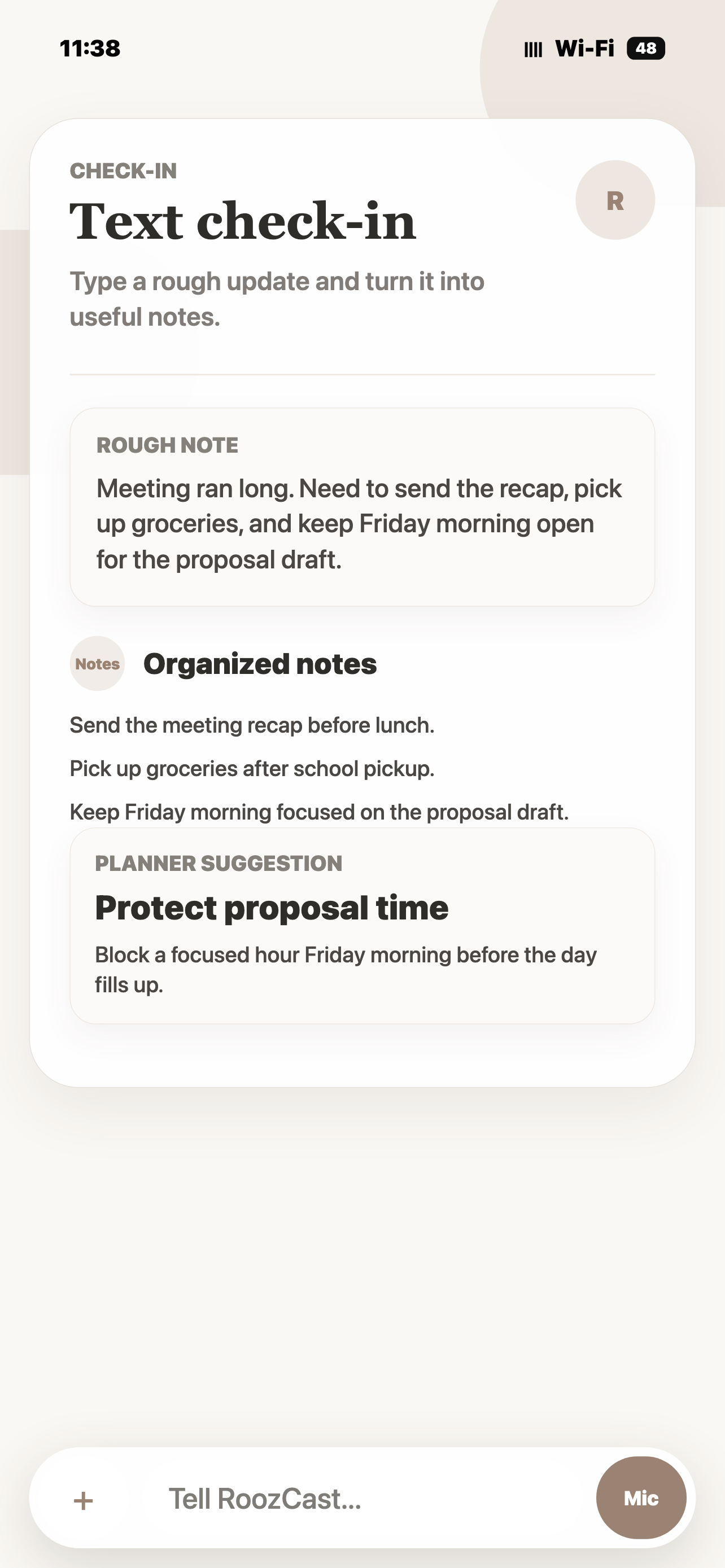 Text check-in screen turning a rough update into notes and a Planner suggestion.
