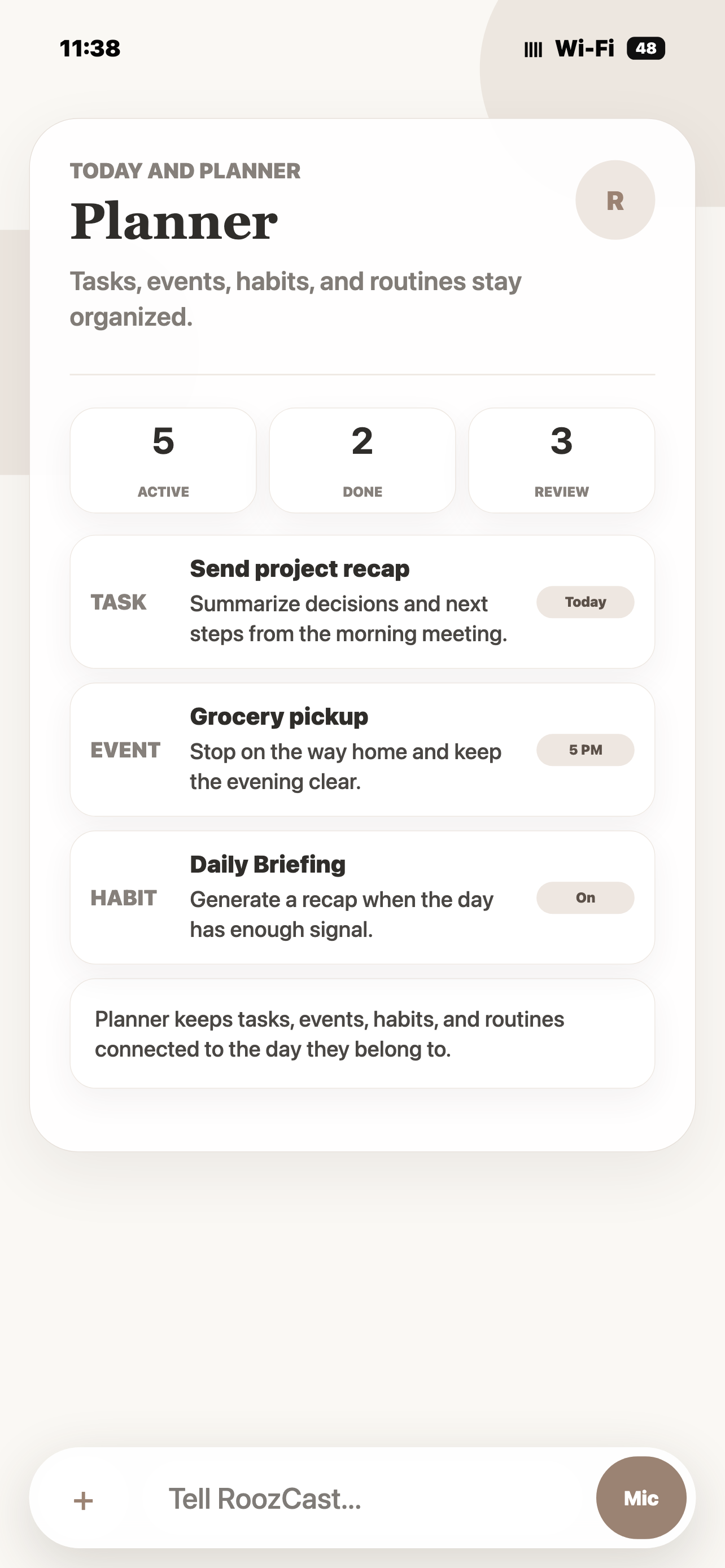 Planner screen organizing tasks, events, habits, and routines for the day.
