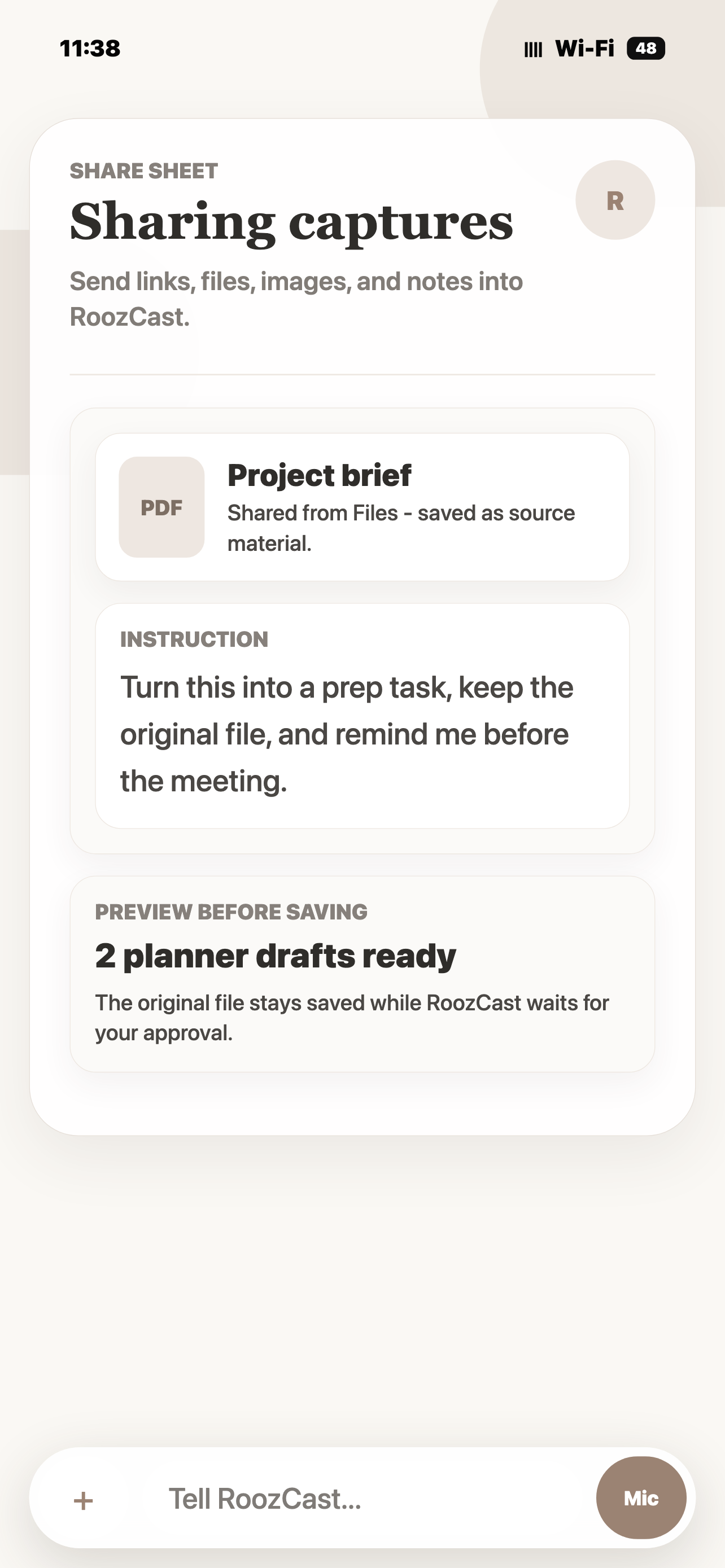 Shared capture screen reviewing a file and two Planner drafts before saving.