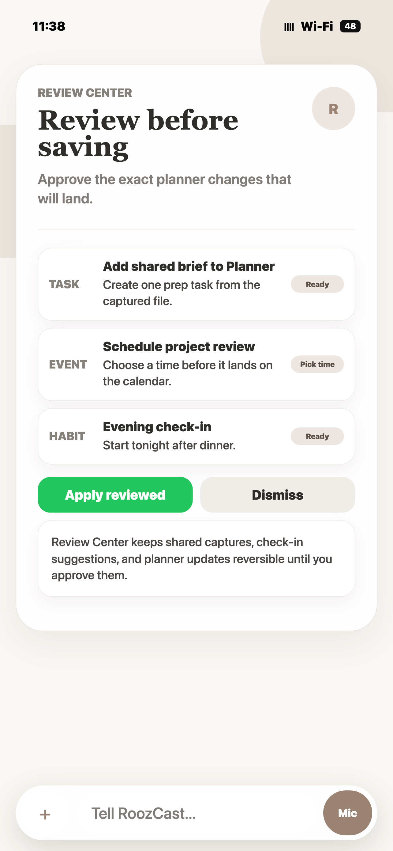 Review Center screen showing Planner changes waiting for approval.